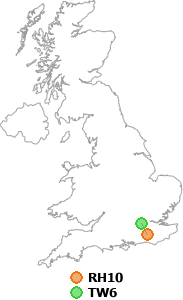 map showing distance between RH10 and TW6