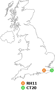 map showing distance between RH11 and CT20