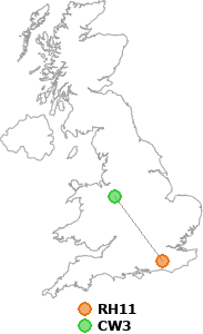 map showing distance between RH11 and CW3