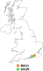 map showing distance between RH11 and GU29