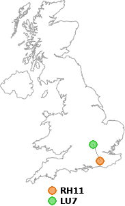 map showing distance between RH11 and LU7