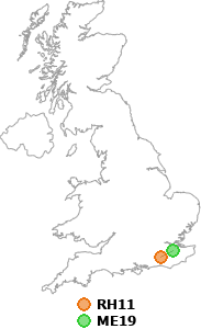 map showing distance between RH11 and ME19