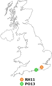 map showing distance between RH11 and PO13