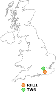 map showing distance between RH11 and TW6