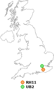 map showing distance between RH11 and UB2