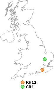 map showing distance between RH12 and CB4