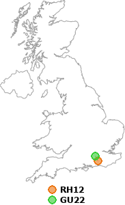 map showing distance between RH12 and GU22