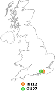 map showing distance between RH12 and GU27