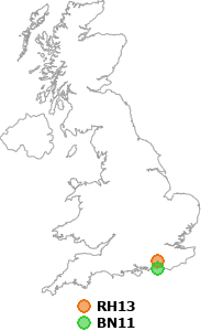 map showing distance between RH13 and BN11