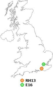 map showing distance between RH13 and E16