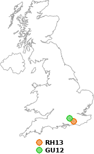 map showing distance between RH13 and GU12