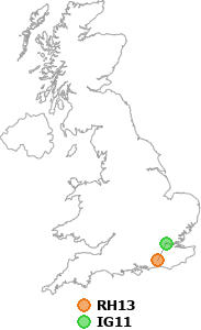 map showing distance between RH13 and IG11