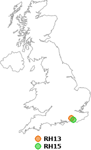 map showing distance between RH13 and RH15