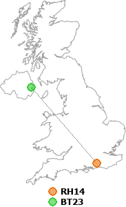 map showing distance between RH14 and BT23