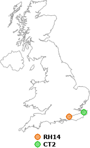 map showing distance between RH14 and CT2