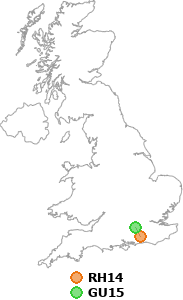 map showing distance between RH14 and GU15