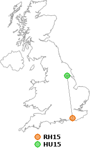 map showing distance between RH15 and HU15