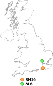 map showing distance between RH16 and AL6