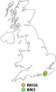 map showing distance between RH16 and BN3