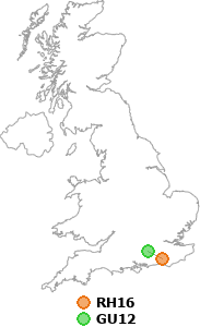 map showing distance between RH16 and GU12