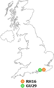 map showing distance between RH16 and GU29