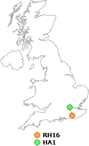 map showing distance between RH16 and HA1