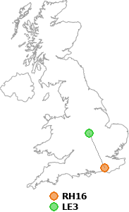 map showing distance between RH16 and LE3