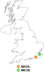map showing distance between RH16 and ME10