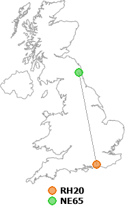 map showing distance between RH20 and NE65