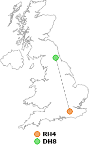 map showing distance between RH4 and DH8