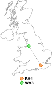map showing distance between RH4 and WA3