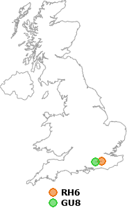 map showing distance between RH6 and GU8