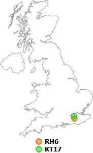 map showing distance between RH6 and KT17