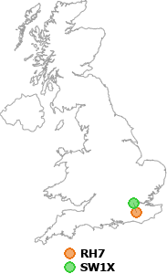 map showing distance between RH7 and SW1X