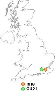 map showing distance between RH8 and GU21