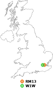map showing distance between RM13 and W1W
