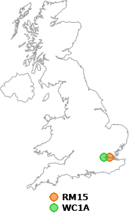 map showing distance between RM15 and WC1A