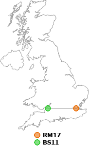 map showing distance between RM17 and BS11