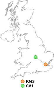 map showing distance between RM3 and CV1