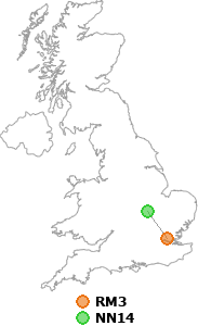 map showing distance between RM3 and NN14