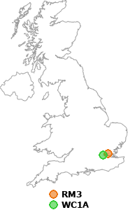 map showing distance between RM3 and WC1A