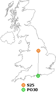 map showing distance between S25 and PO30