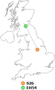 map showing distance between S26 and EH54