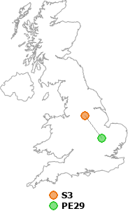 map showing distance between S3 and PE29