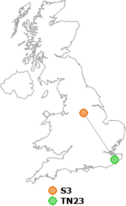 map showing distance between S3 and TN23