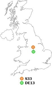 map showing distance between S33 and DE13