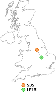 map showing distance between S35 and LE15