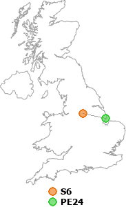 map showing distance between S6 and PE24