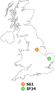 map showing distance between S61 and IP24