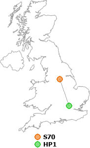map showing distance between S70 and HP1